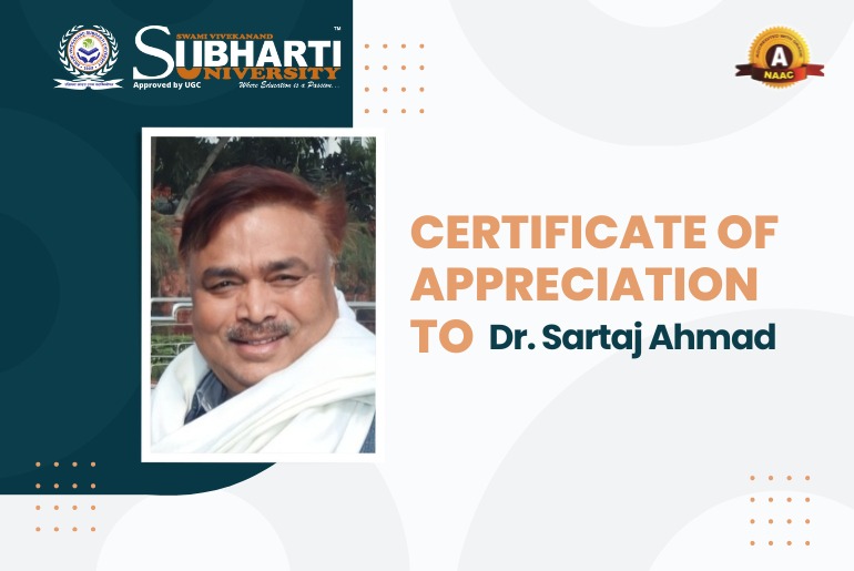Certificate of appreciation to Dr Sartaj Ahmad