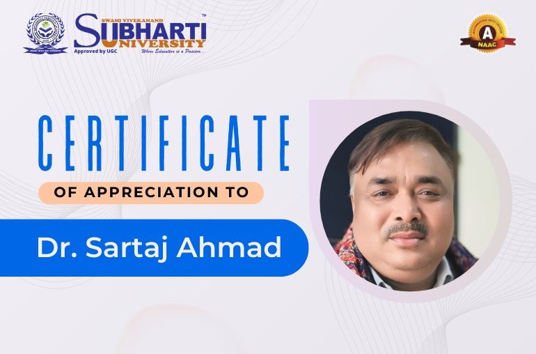 Certificate of Appreciation to Dr. Sartaj Ahmad